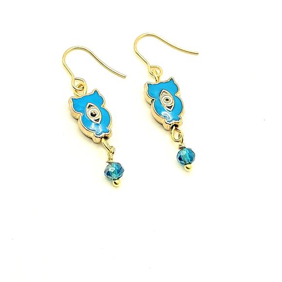 Teal Blue Enamel Owl Earrings Evil Eye Drop Hypoallergenic Gold Plated Hook - Picture 1 of 6